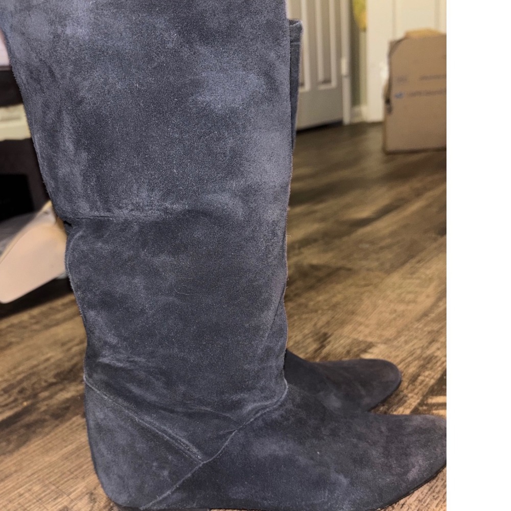 Vintage Suede Tall Slouch Boots Womens 7 B Navy Blue Flat Almond Toe Thailand